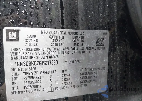 2016 Chevrolet Tahoe Lt from USA, damaged, VIN 1GNSCBKC7GR217898